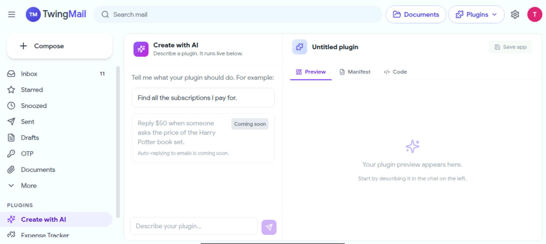 Create with AI: describe a plugin in plain English and it runs live in Twing mail